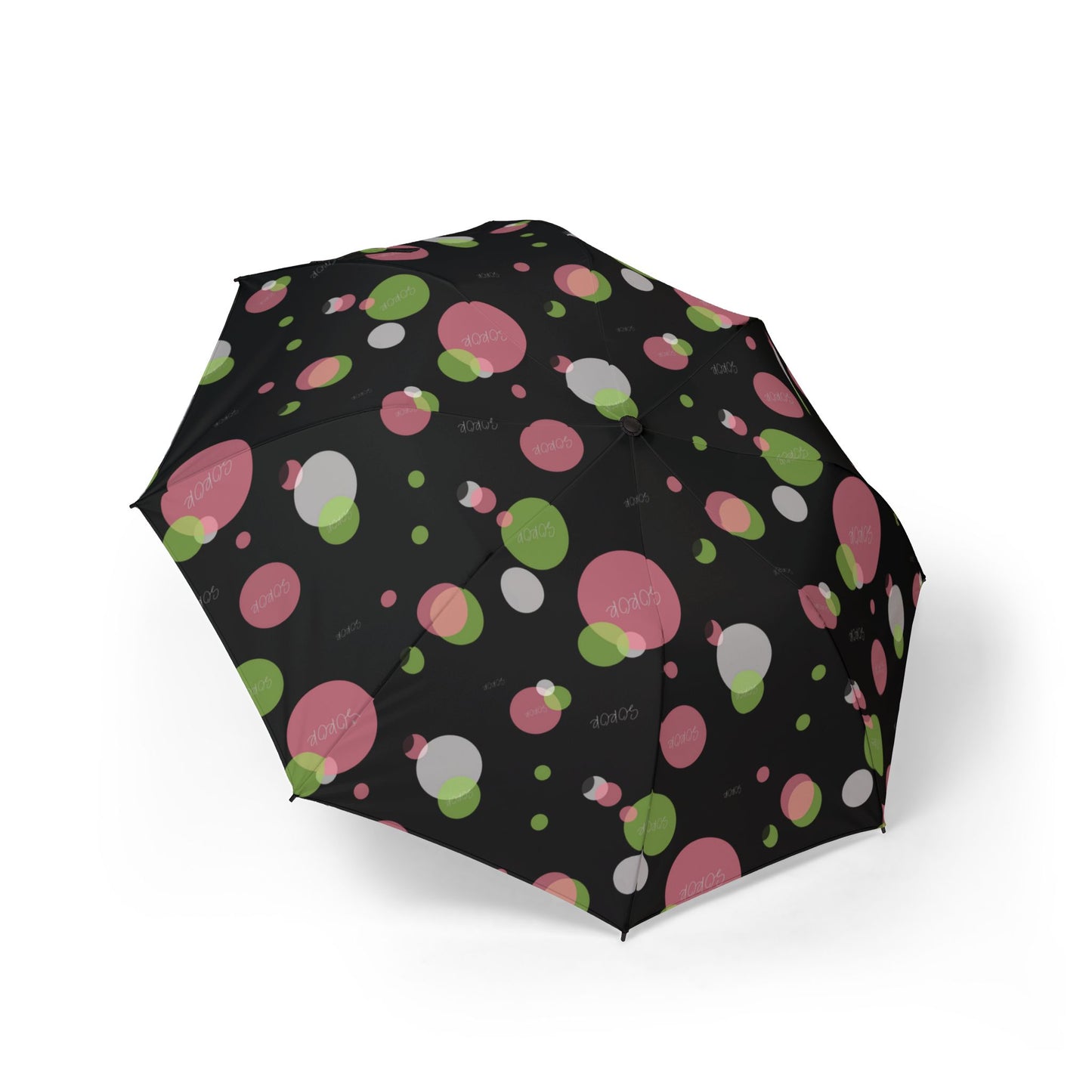 Soror Umbrella, Black Pink Green White Dots, Soror Word, Foldable Compact Travel Rain Gear, Windproof Auto Open Close, Lightweight Portable