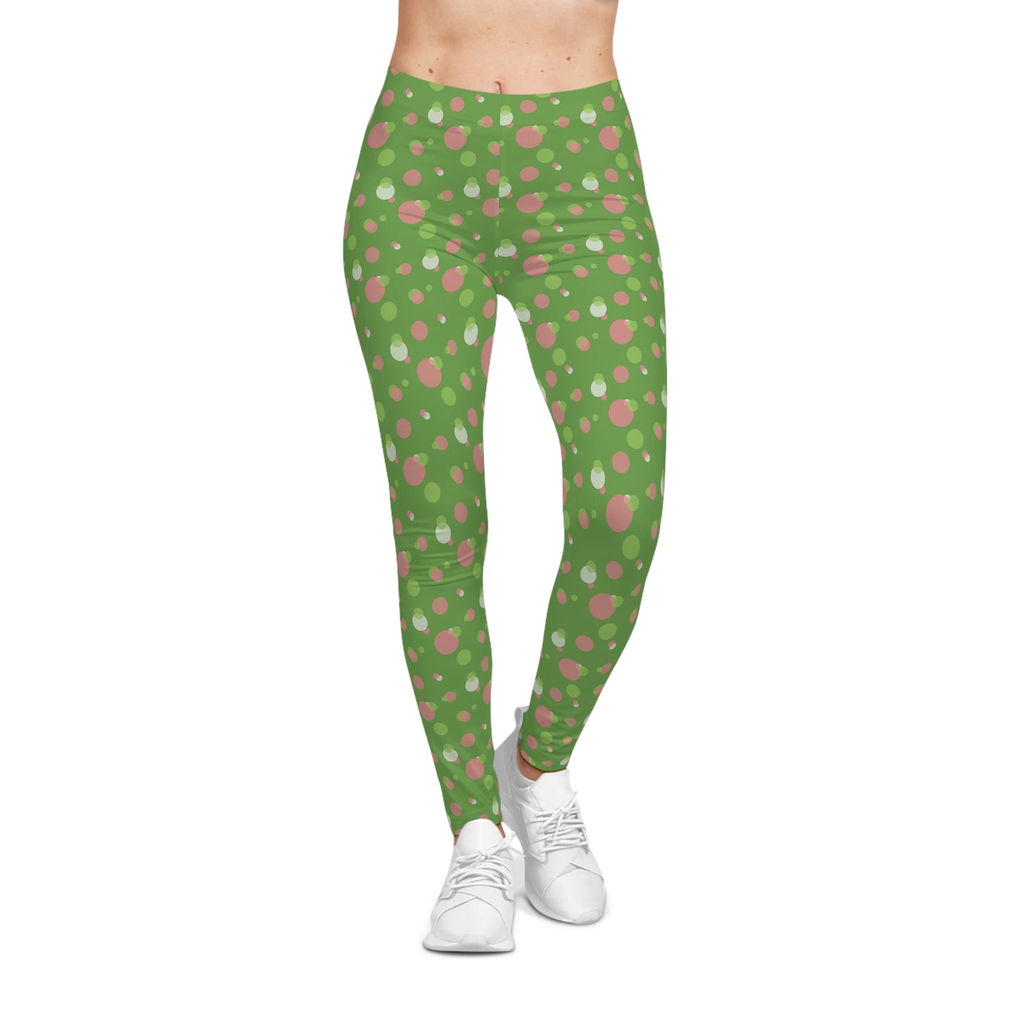 Green Background Polka Dot Leggings, Women's Leggings, Casual Pants, Pink and Green Leggings, Bold Patterned Tights
