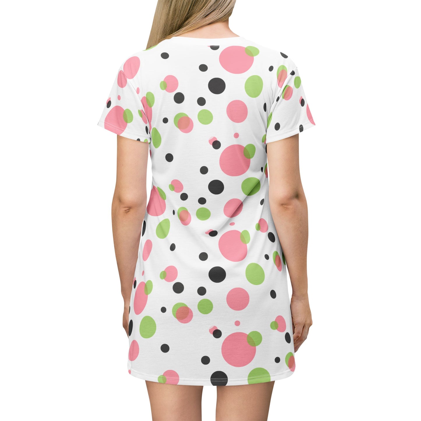 Polka Dot Blank Blk T-Shirt Dress, Pink Green Women's Clothing, Cute Summer Sundress, Casual Midi Dress, Polka Dot Fashion Apparel