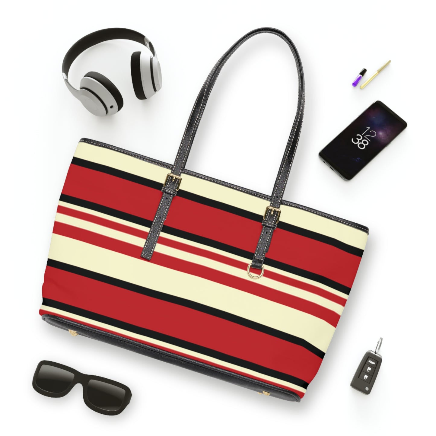Crimson Striped PU Leather Shoulder Bag: Trendy Everyday Tote