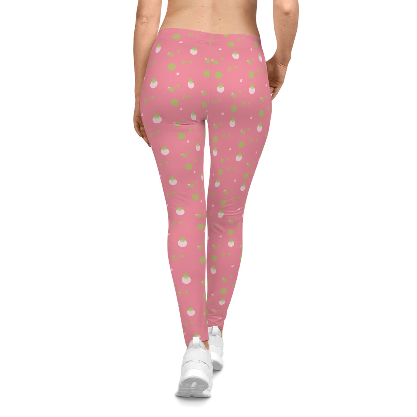 Pink Background Polka Dot Leggings, Women's Leggings, Casual Pants, Pink and Green Leggings, Bold Patterned Tights