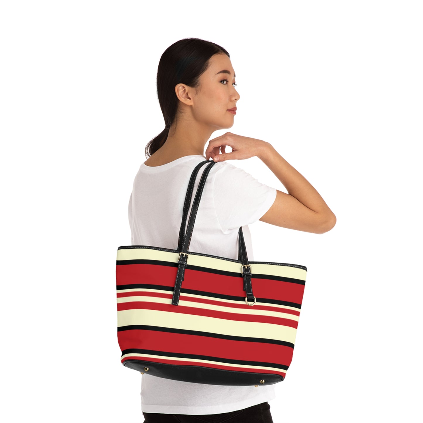 Crimson Striped PU Leather Shoulder Bag: Trendy Everyday Tote