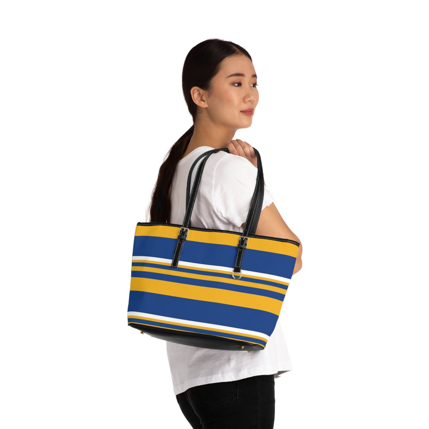 Blue Gold Striped PU Leather Shoulder Bag: Chic Everyday Tote