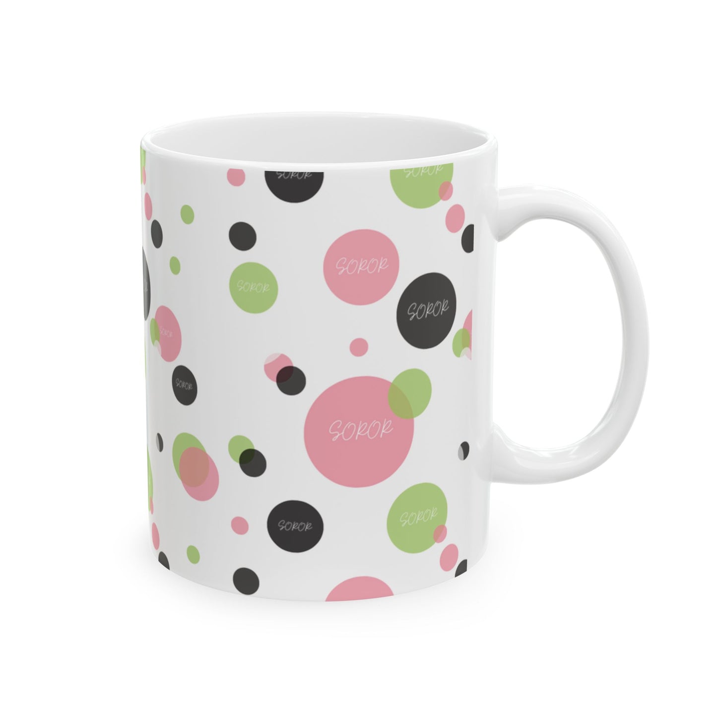 Soror Mug, Cheerful Pink Green Black Dots, Word Soror, Kitchenware, Drinkware, Coffee Cup, Tea Mug, Home Decor