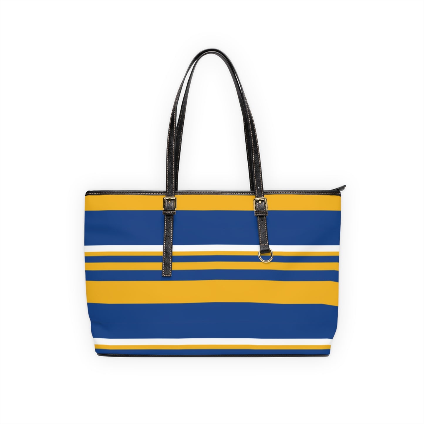 Blue Gold Striped PU Leather Shoulder Bag: Chic Everyday Tote