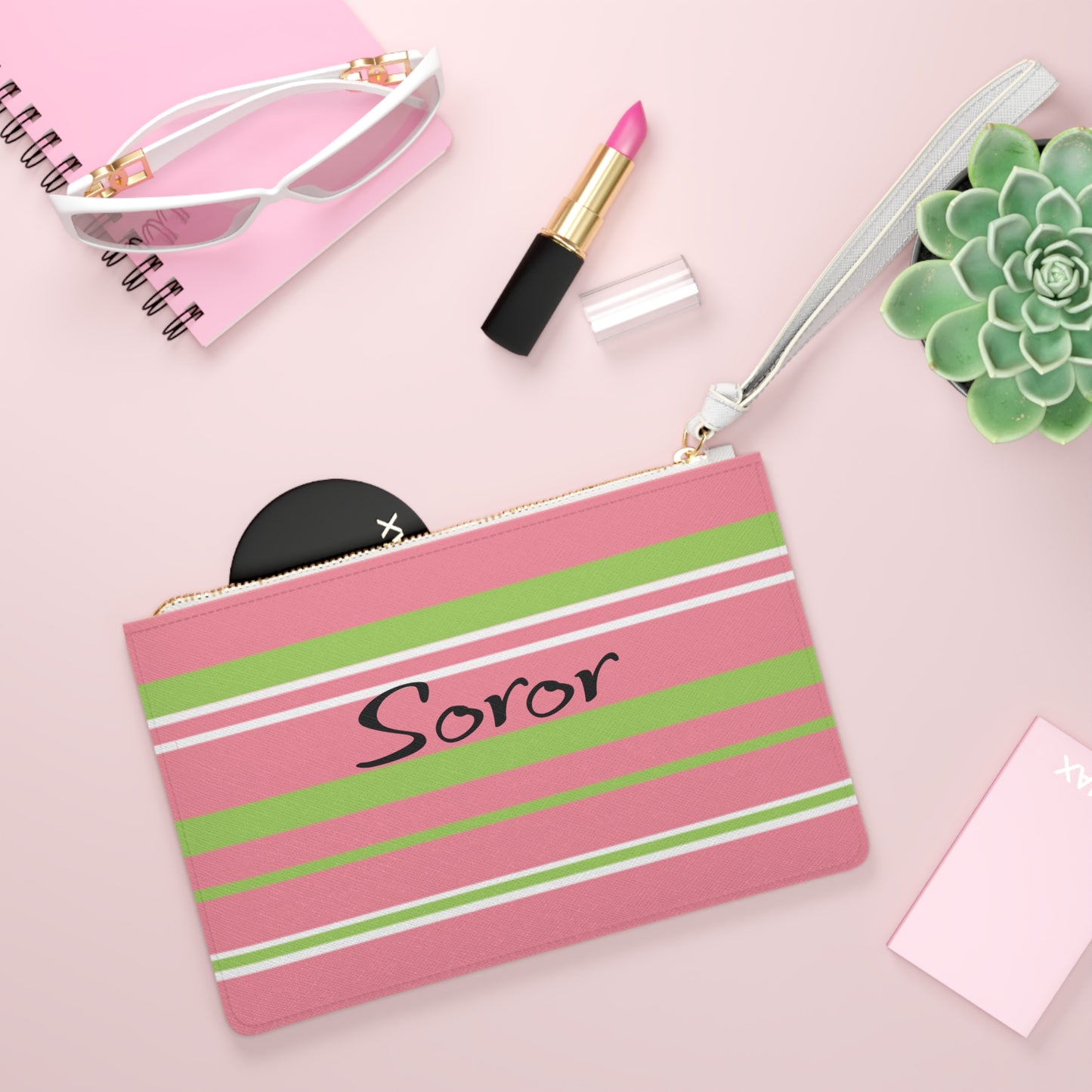 Soror Pink Stripe Faux Leather Clutch: Saffiano Pattern Wristlet