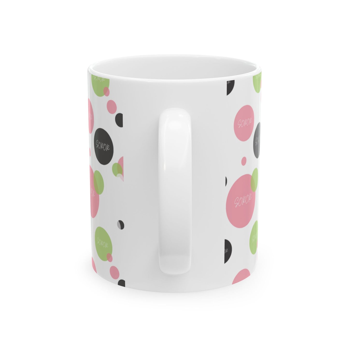 Soror Mug, Cheerful Pink Green Black Dots, Word Soror, Kitchenware, Drinkware, Coffee Cup, Tea Mug, Home Decor