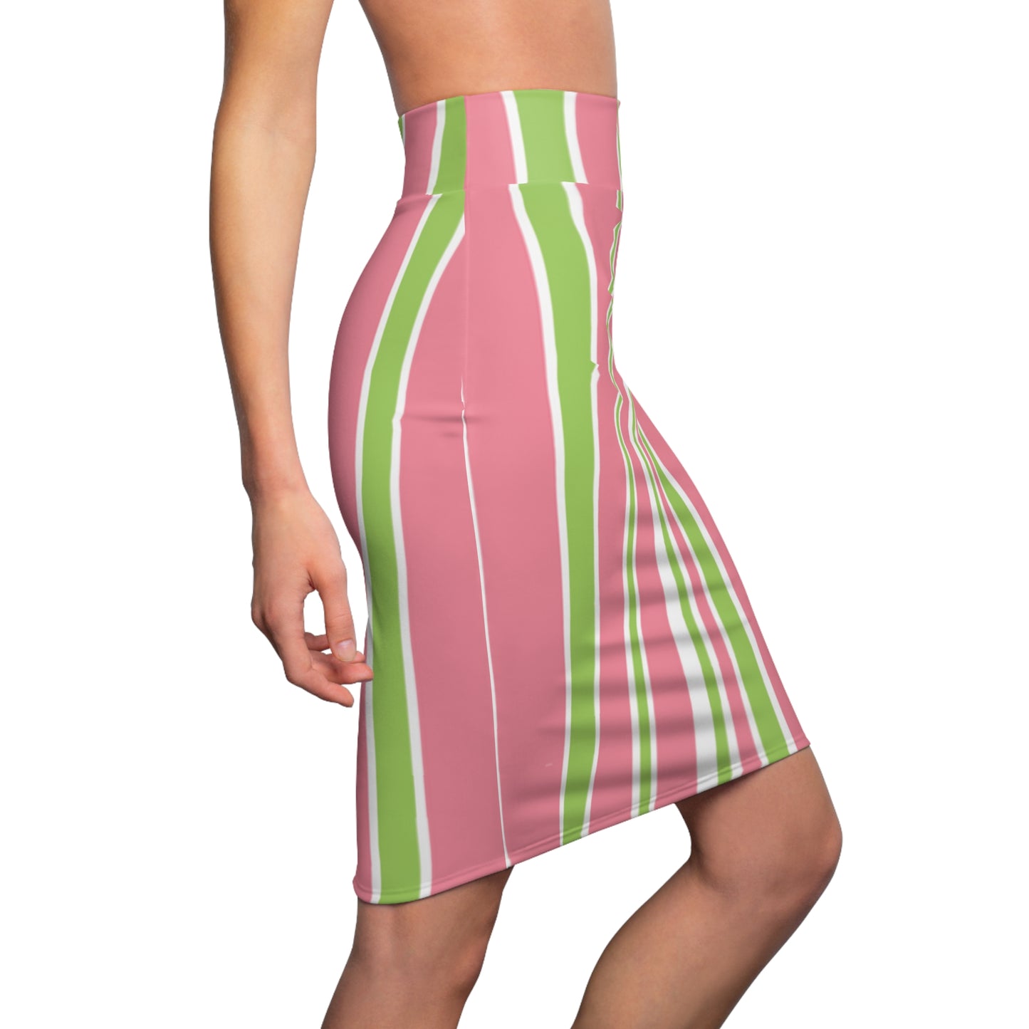 Striped Pencil Skirt: Pink and Green Women's Fashion Officewear Apparel