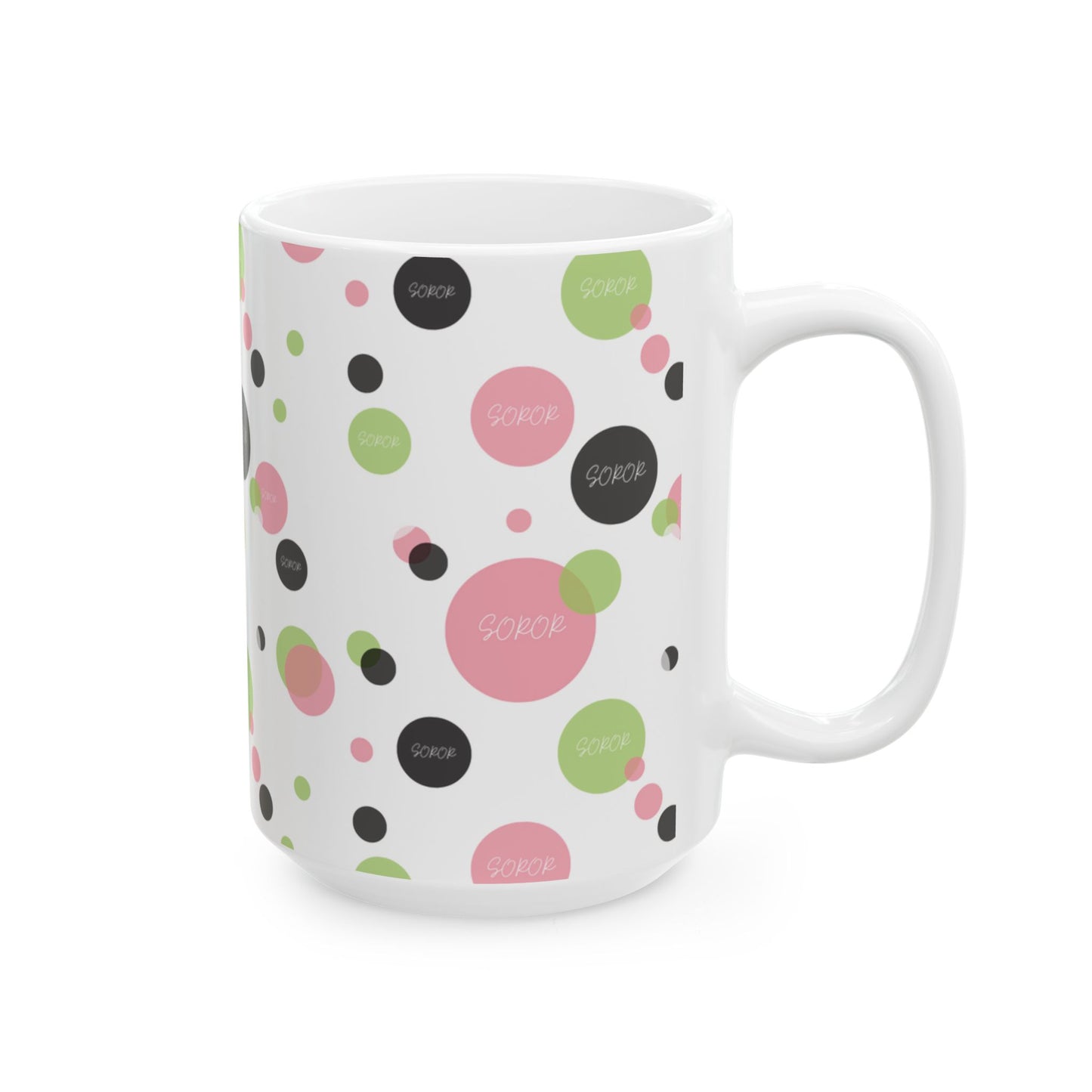 Soror Mug, Cheerful Pink Green Black Dots, Word Soror, Kitchenware, Drinkware, Coffee Cup, Tea Mug, Home Decor
