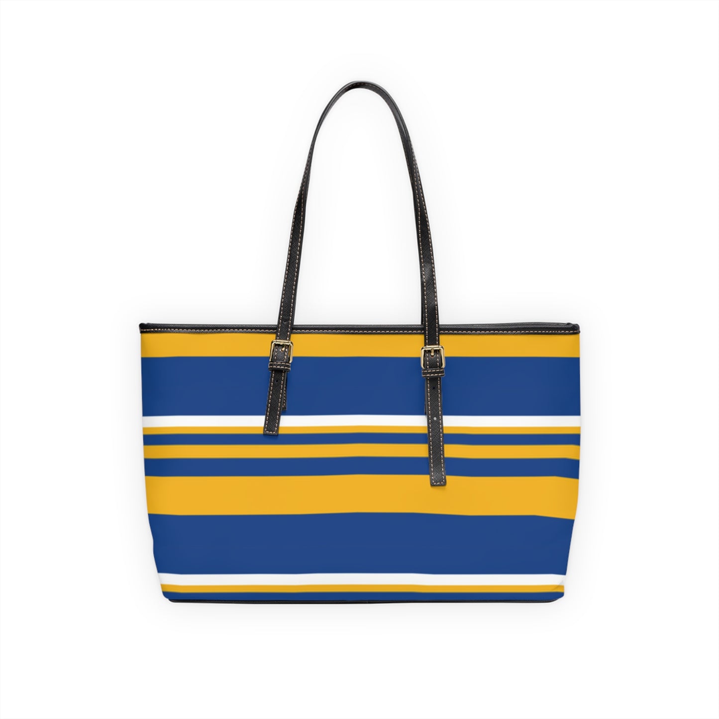 Blue Gold Striped PU Leather Shoulder Bag: Chic Everyday Tote