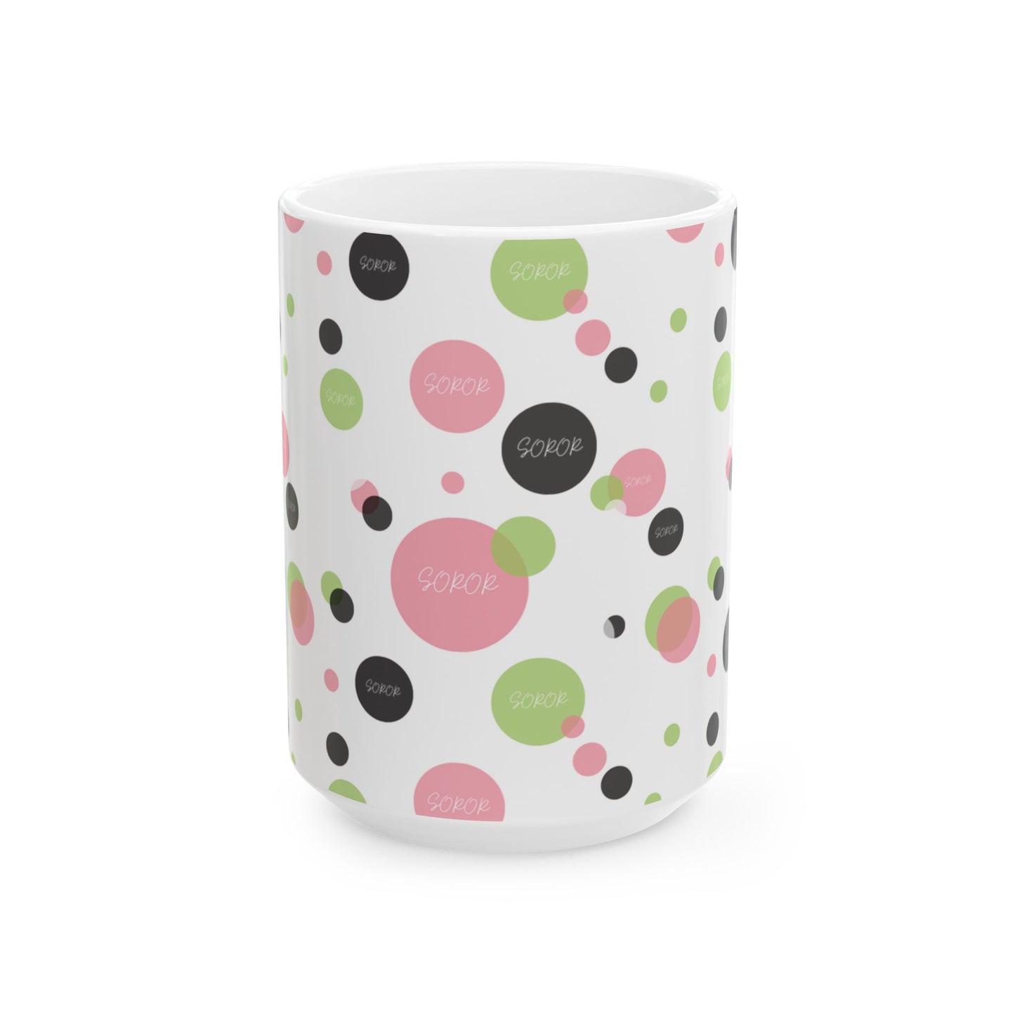 Soror Mug, Cheerful Pink Green Black Dots, Word Soror, Kitchenware, Drinkware, Coffee Cup, Tea Mug, Home Decor