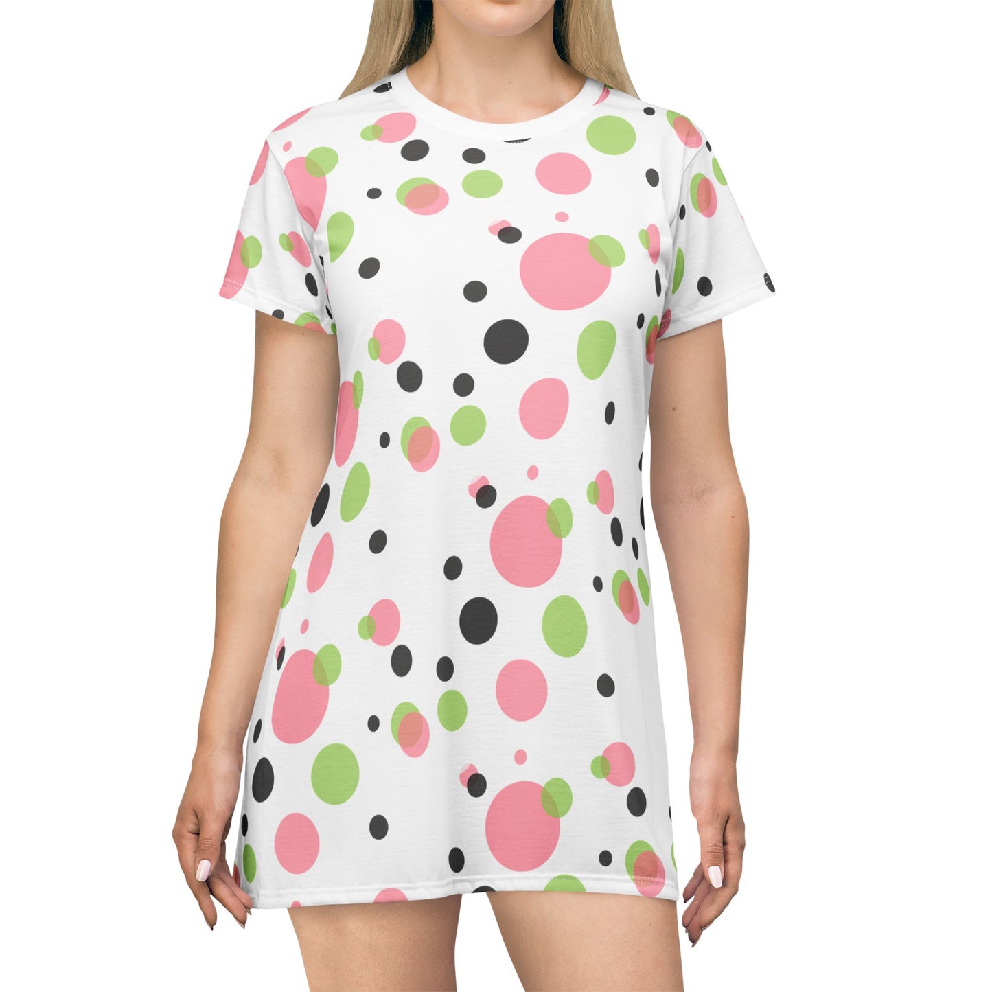 Polka Dot Blank Blk T-Shirt Dress, Pink Green Women's Clothing, Cute Summer Sundress, Casual Midi Dress, Polka Dot Fashion Apparel