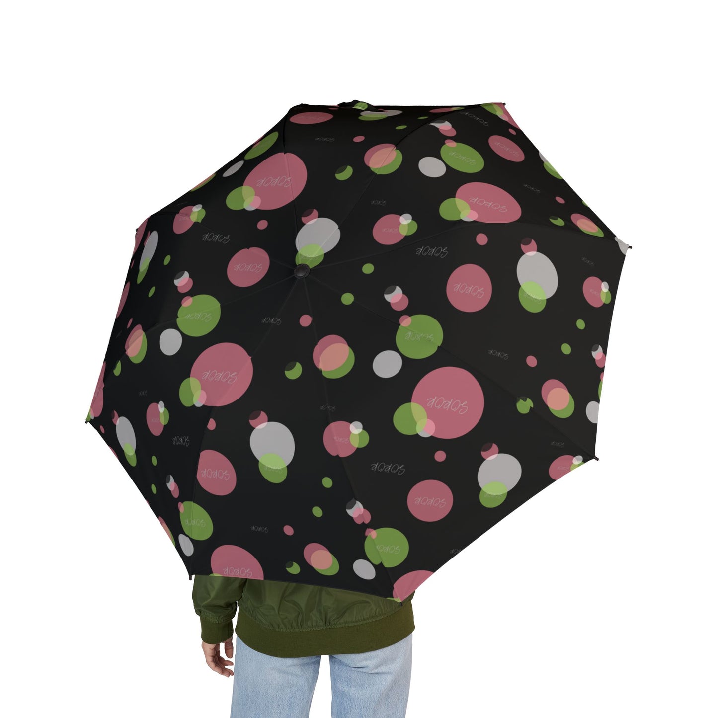 Soror Umbrella, Black Pink Green White Dots, Soror Word, Foldable Compact Travel Rain Gear, Windproof Auto Open Close, Lightweight Portable