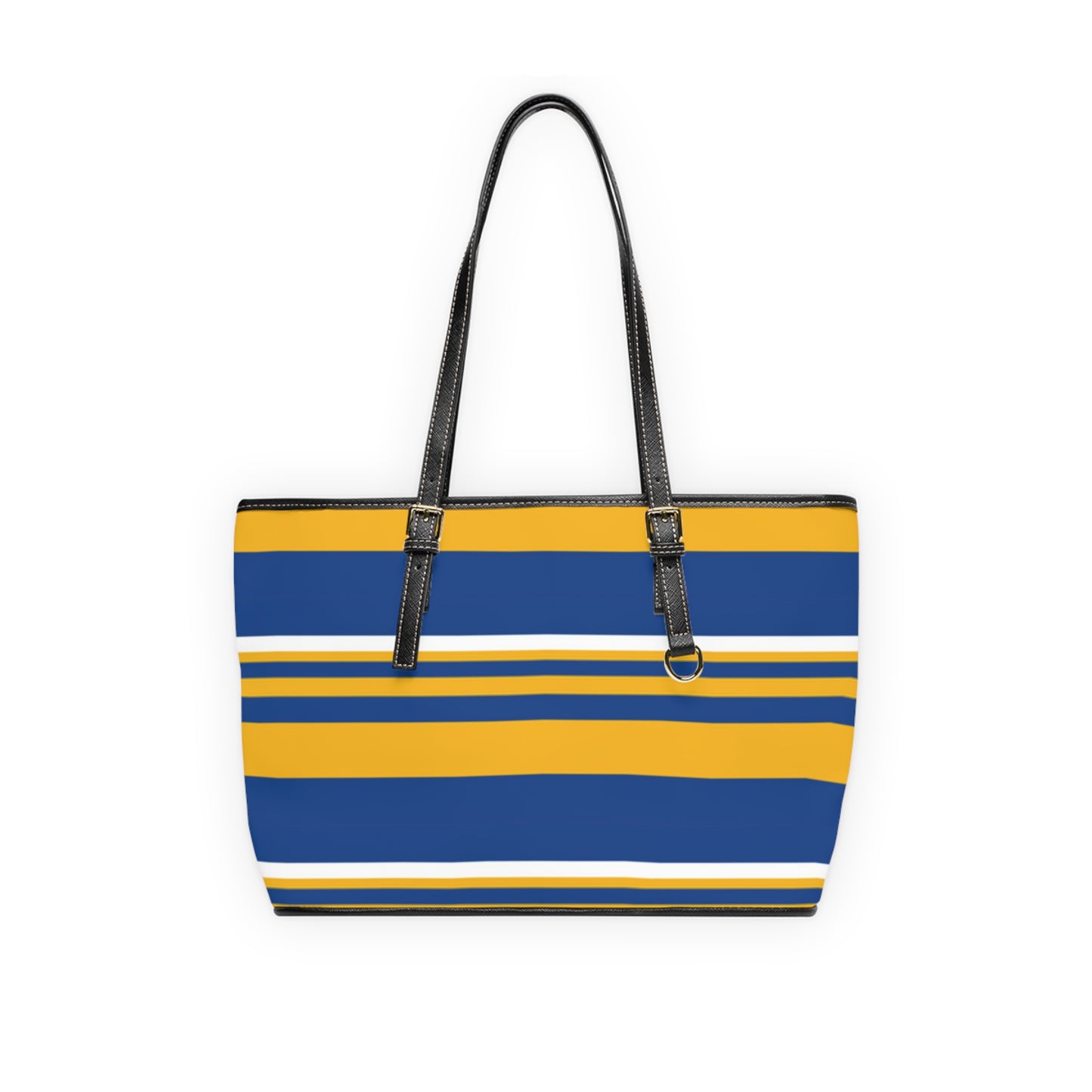 Blue Gold Striped PU Leather Shoulder Bag: Chic Everyday Tote