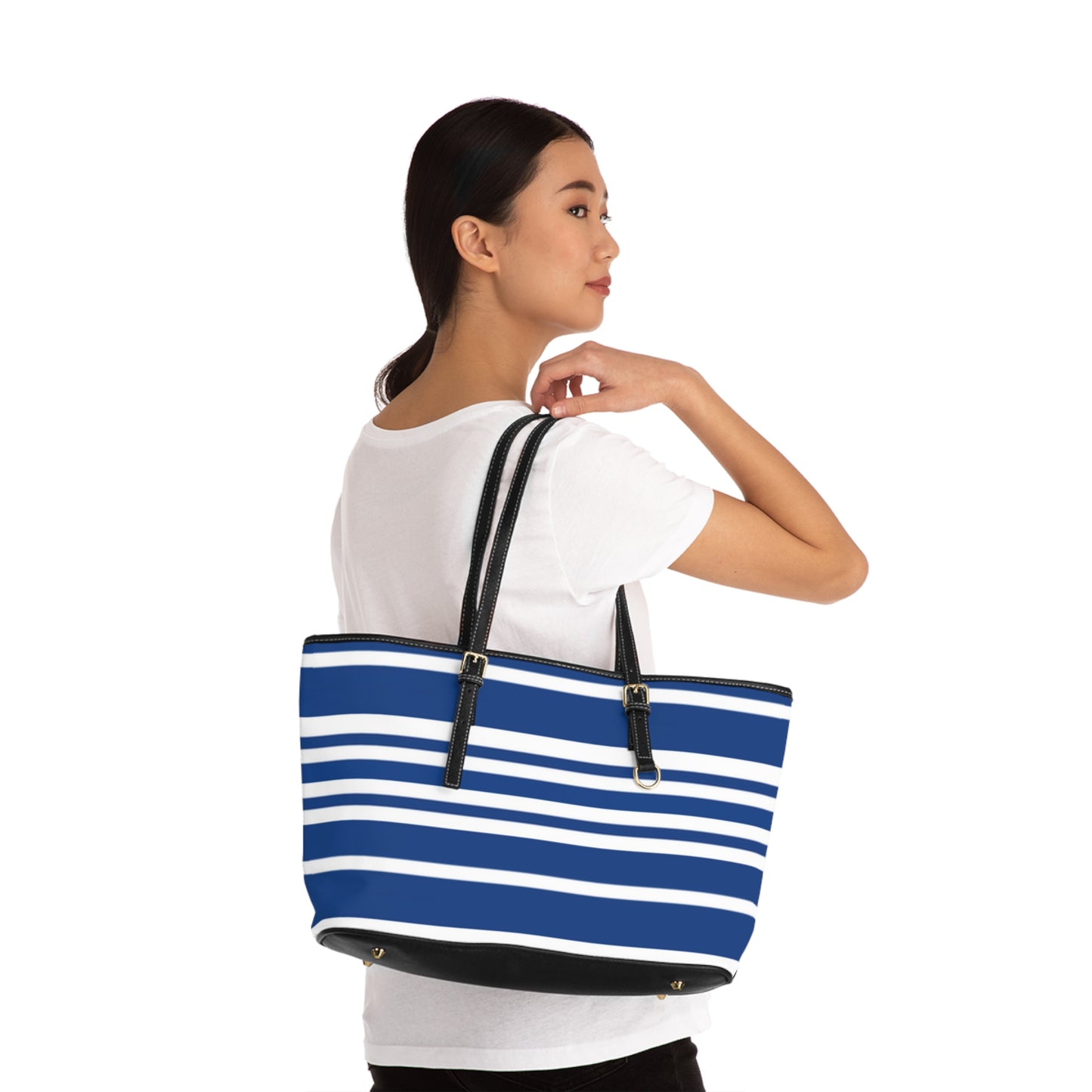 Blue Striped PU Leather Shoulder Bag: Chic Everyday Tote