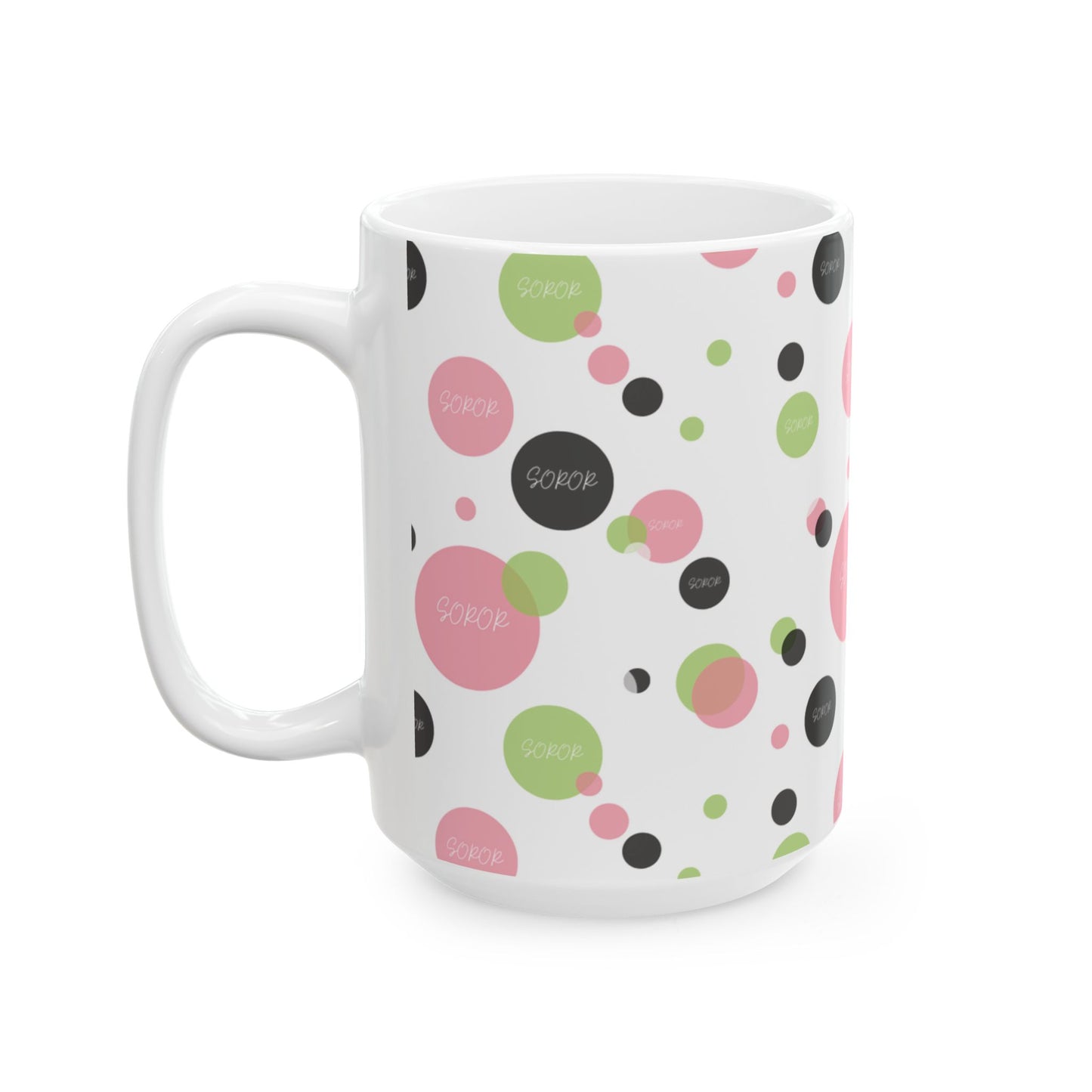 Soror Mug, Cheerful Pink Green Black Dots, Word Soror, Kitchenware, Drinkware, Coffee Cup, Tea Mug, Home Decor