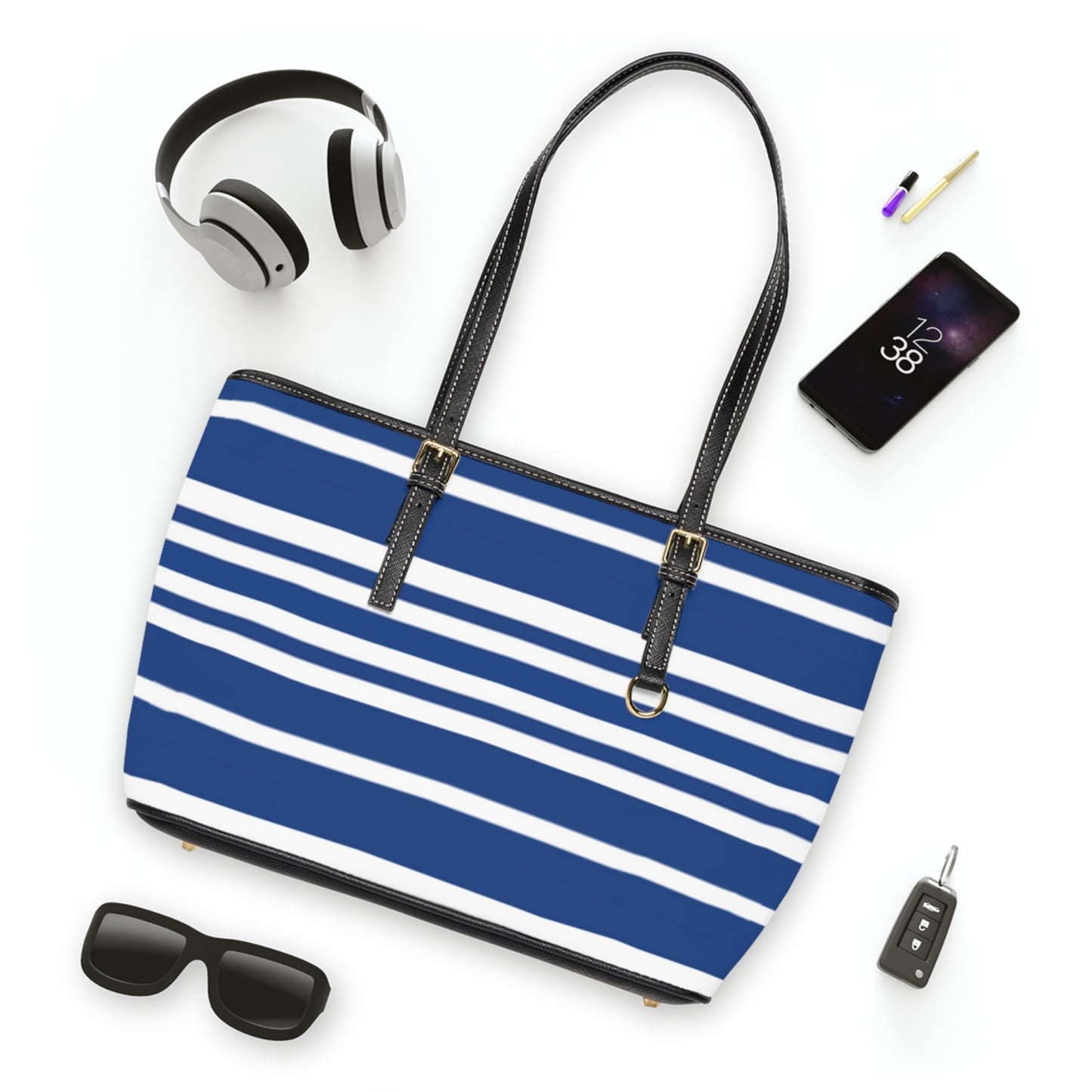 Blue Striped PU Leather Shoulder Bag: Chic Everyday Tote