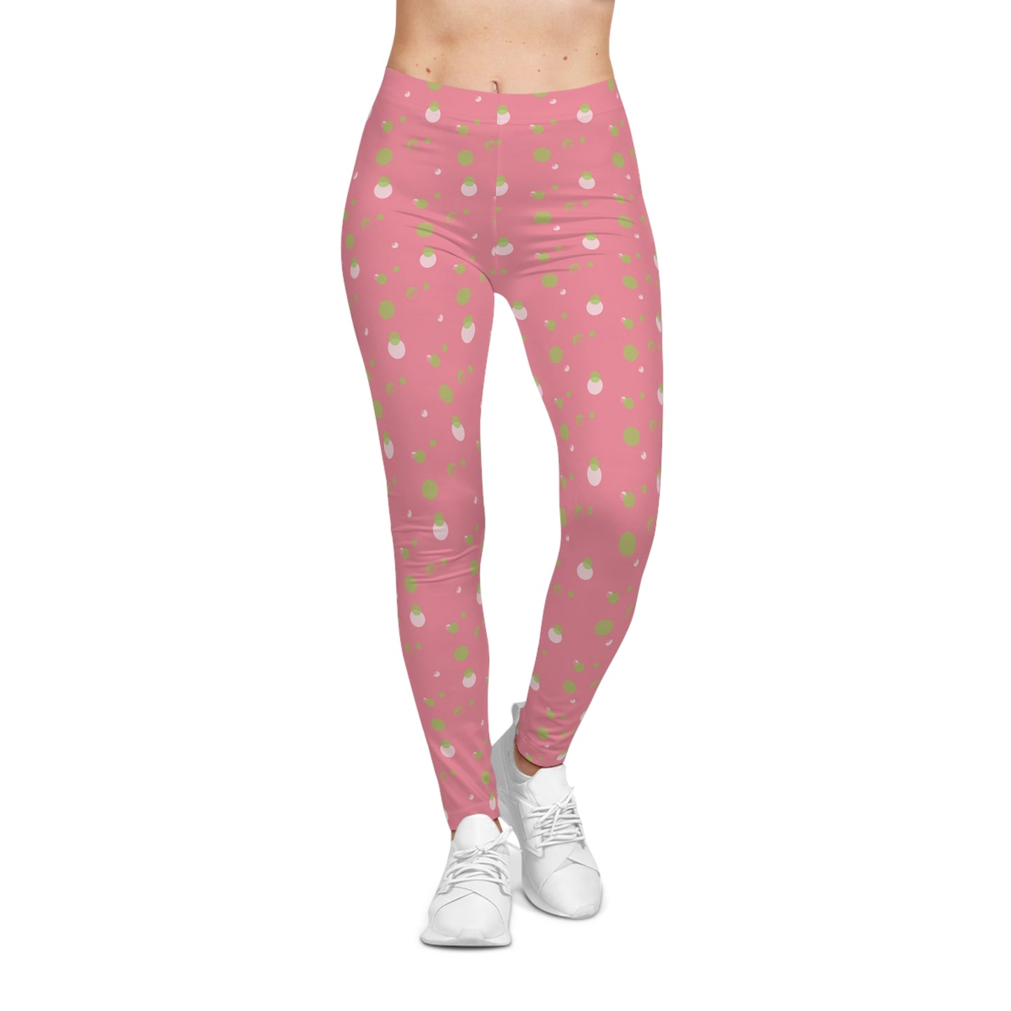 Pink Background Polka Dot Leggings, Women's Leggings, Casual Pants, Pink and Green Leggings, Bold Patterned Tights