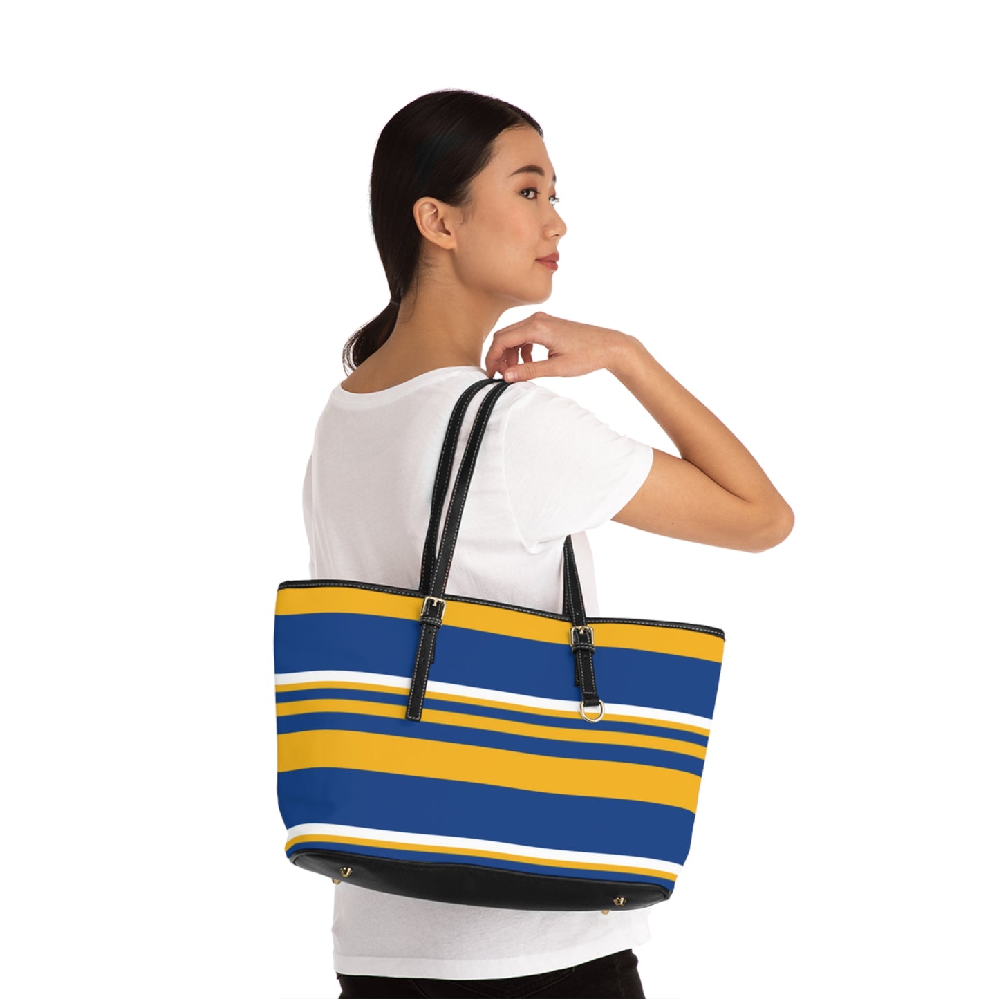 Blue Gold Striped PU Leather Shoulder Bag: Chic Everyday Tote