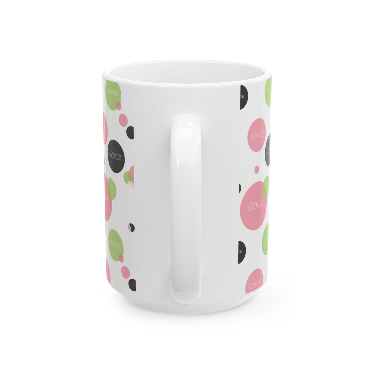 Soror Mug, Cheerful Pink Green Black Dots, Word Soror, Kitchenware, Drinkware, Coffee Cup, Tea Mug, Home Decor