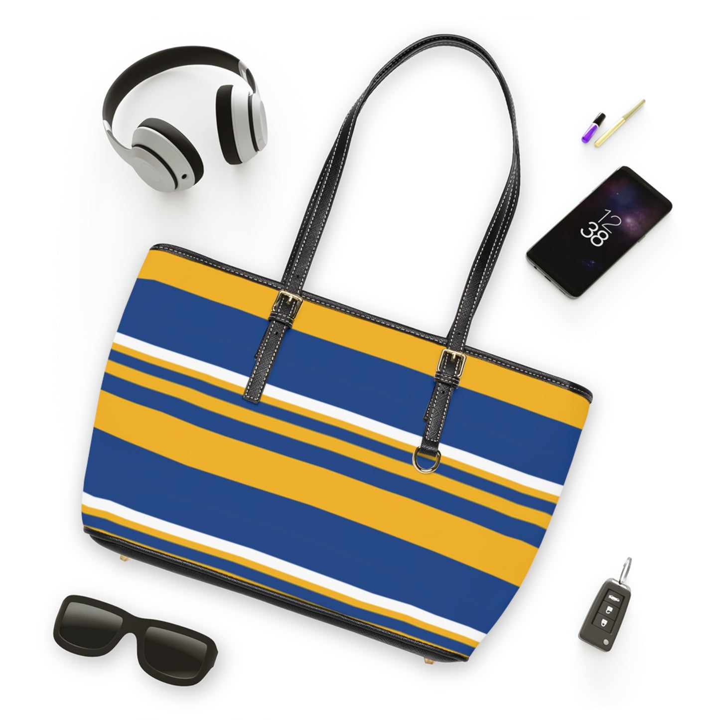 Blue Gold Striped PU Leather Shoulder Bag: Chic Everyday Tote