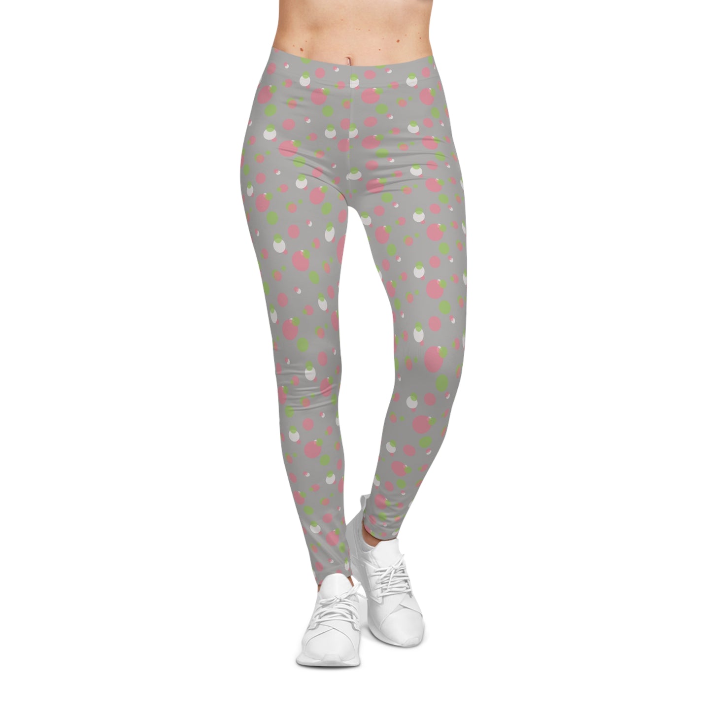 Grey Background Polka Dot Leggings, Women's Leggings, Casual Pants, Pink and Green Leggings, Bold Patterned Tights