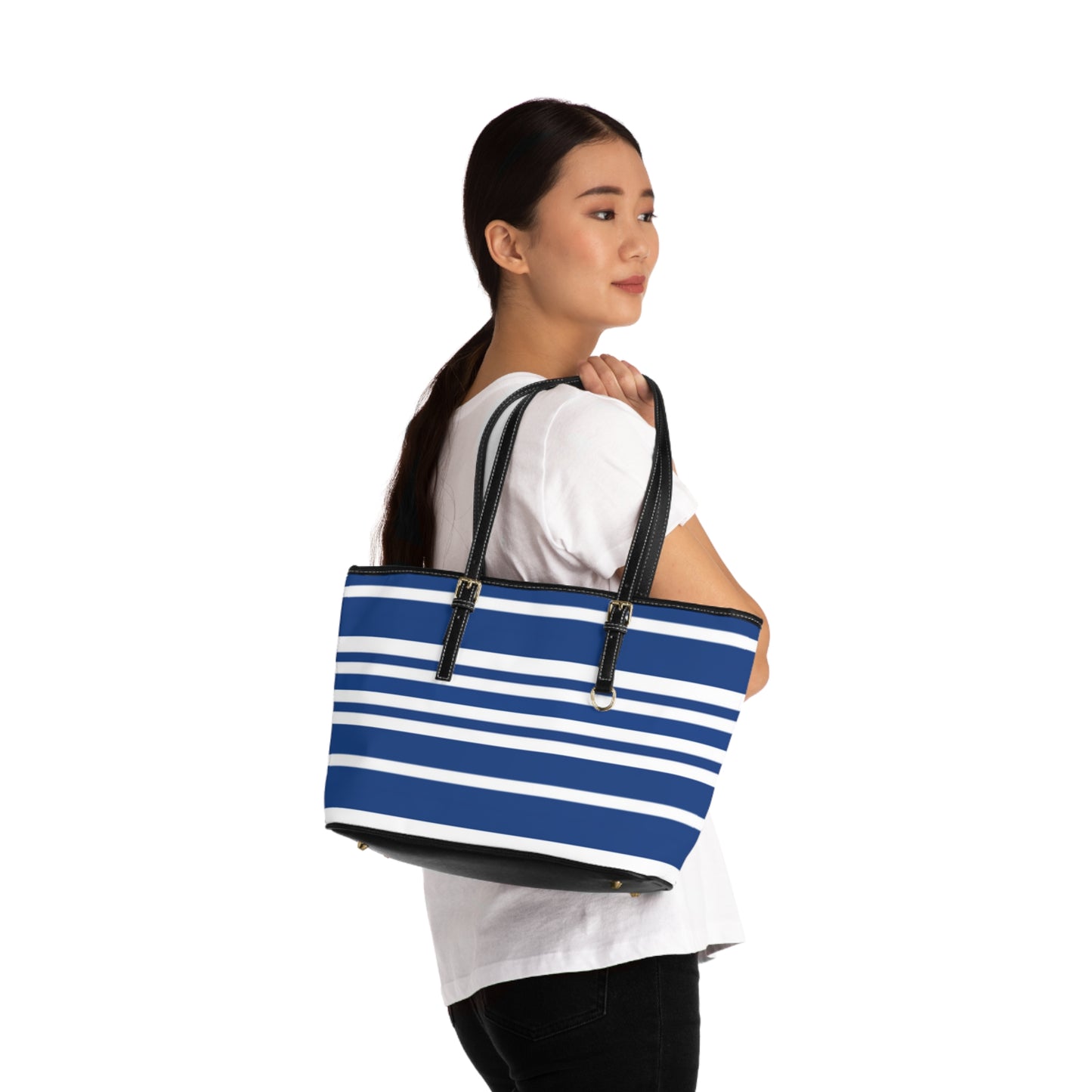 Blue Striped PU Leather Shoulder Bag: Chic Everyday Tote