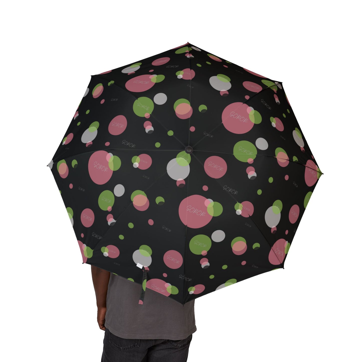 Soror Umbrella, Black Pink Green White Dots, Soror Word, Foldable Compact Travel Rain Gear, Windproof Auto Open Close, Lightweight Portable