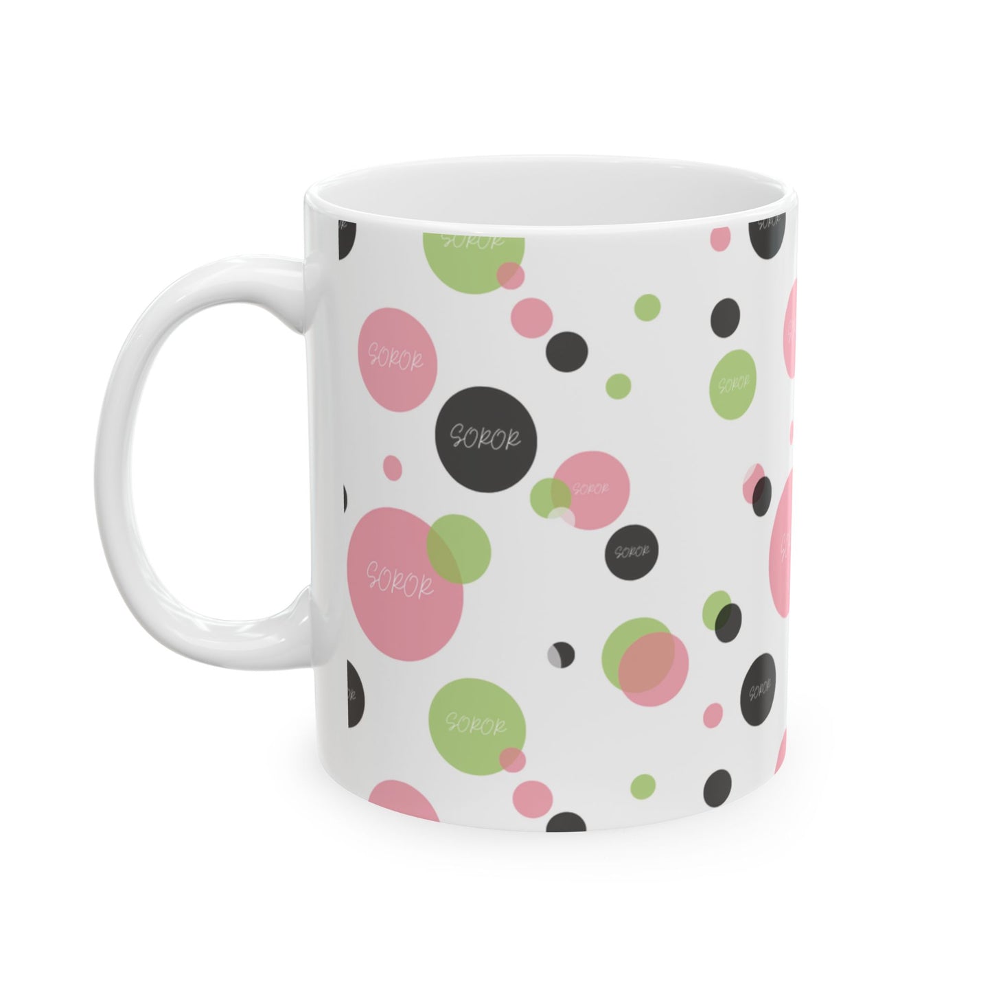 Soror Mug, Cheerful Pink Green Black Dots, Word Soror, Kitchenware, Drinkware, Coffee Cup, Tea Mug, Home Decor
