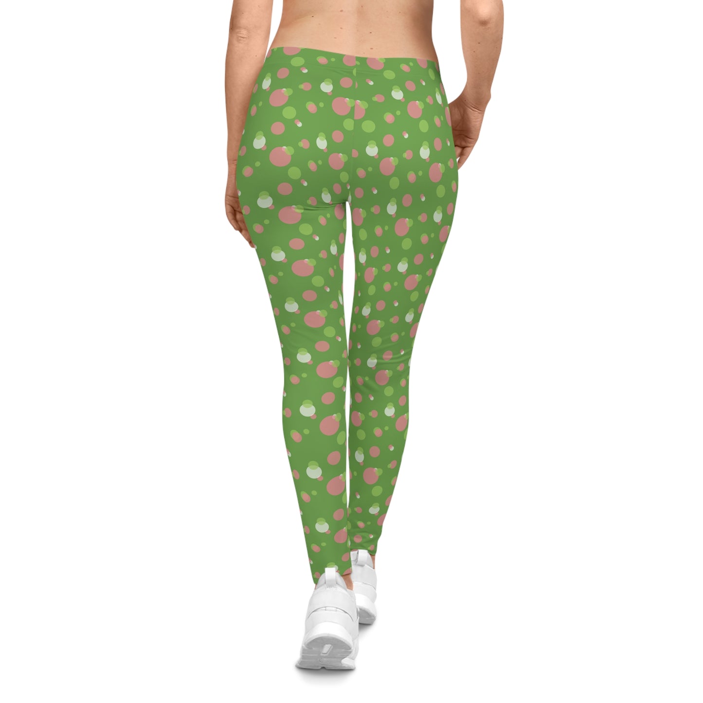Green Background Polka Dot Leggings, Women's Leggings, Casual Pants, Pink and Green Leggings, Bold Patterned Tights