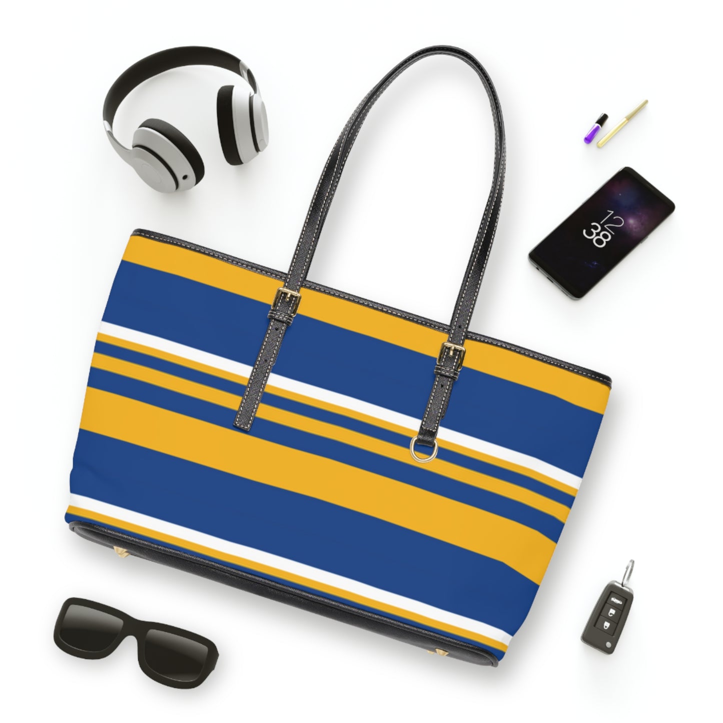 Blue Gold Striped PU Leather Shoulder Bag: Chic Everyday Tote
