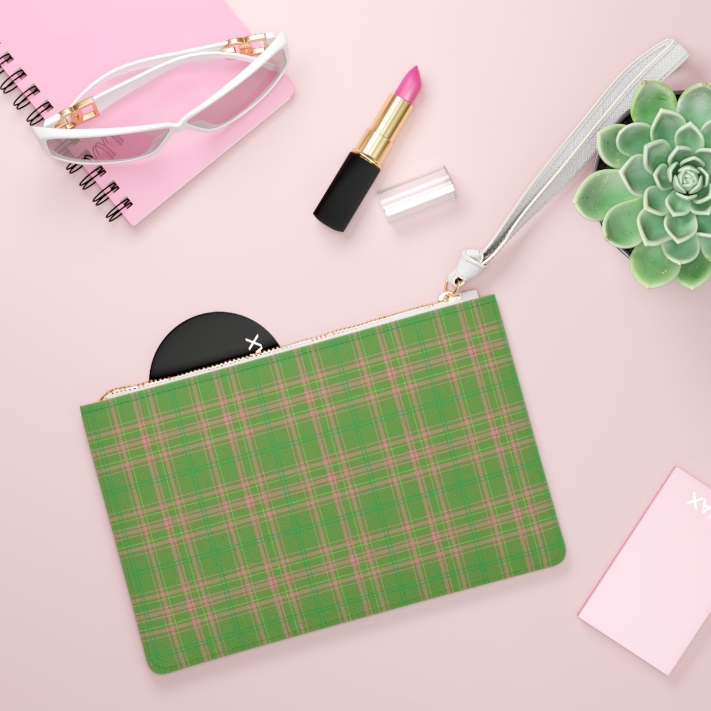 Preppy Plaid Clutch Bag, Pink Green Tartan Purse, Stylish Handbag, Trendy Clutch, Fashion Accessory