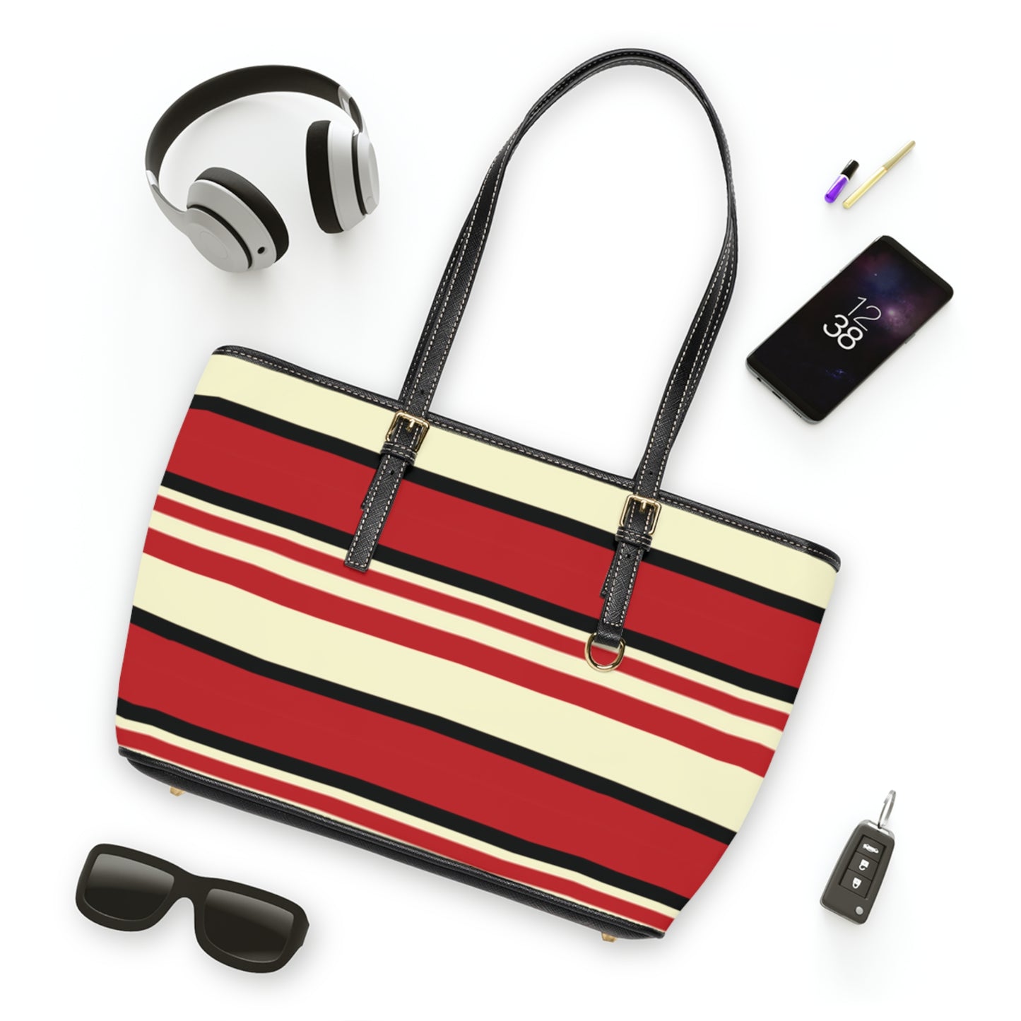 Crimson Striped PU Leather Shoulder Bag: Trendy Everyday Tote