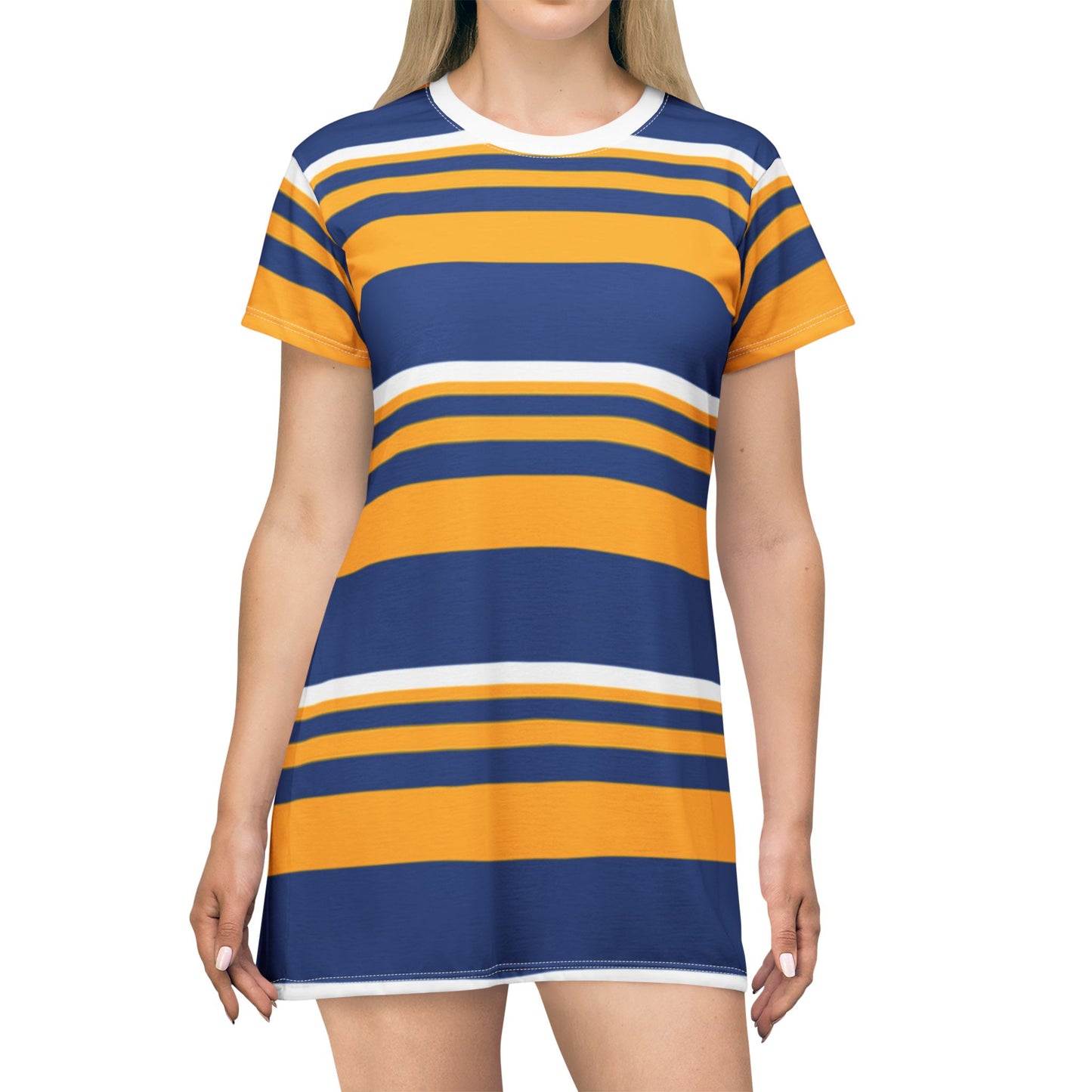 Blue & Gold Stylish Striped T-Shirt Dress for Casual Outings | Perfect for Summer, Sports Events, Parties, Gifts