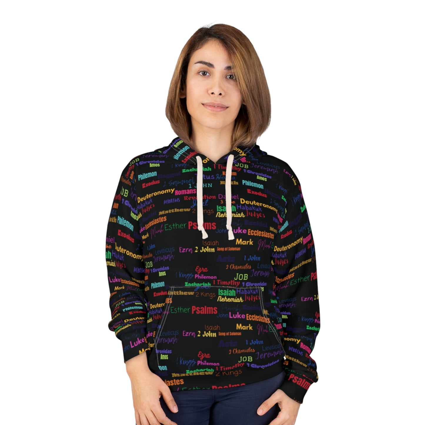 Colorful Scripture Word Cloud Black Unisex Pullover Hoodie, Cozy Sweatshirt, Religious Gift, Bible Study Apparel, AOP Hoodie