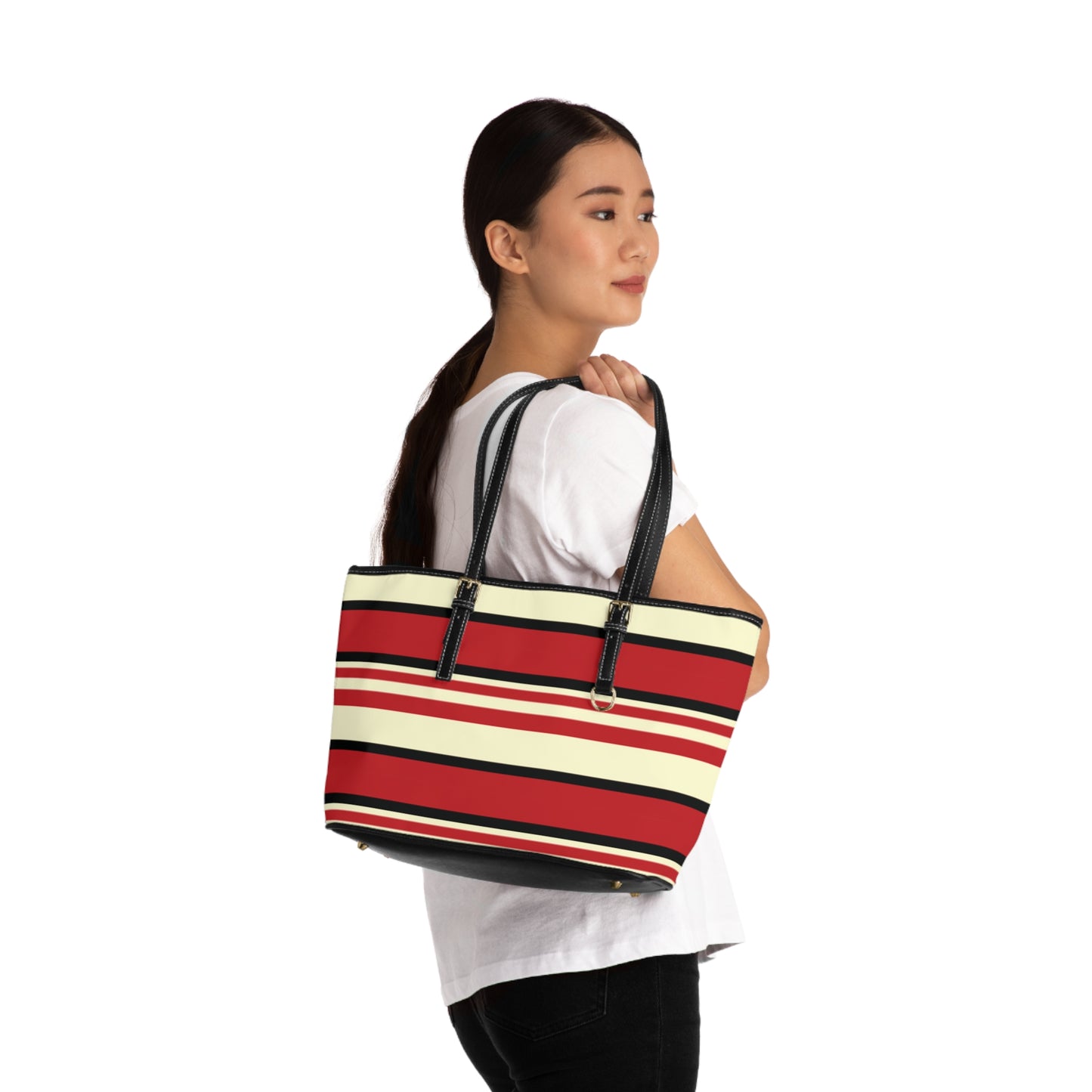 Crimson Striped PU Leather Shoulder Bag: Trendy Everyday Tote