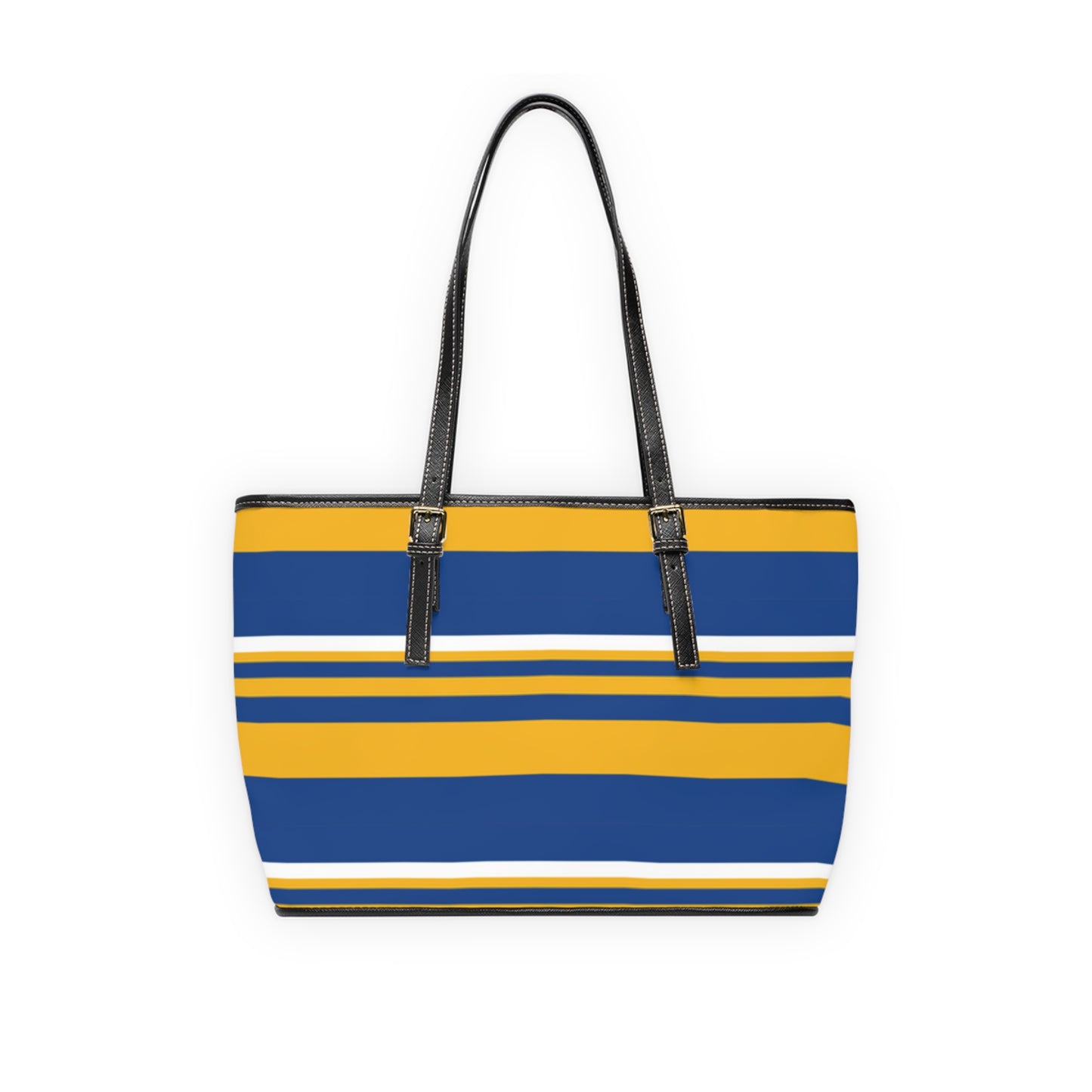 Blue Gold Striped PU Leather Shoulder Bag: Chic Everyday Tote