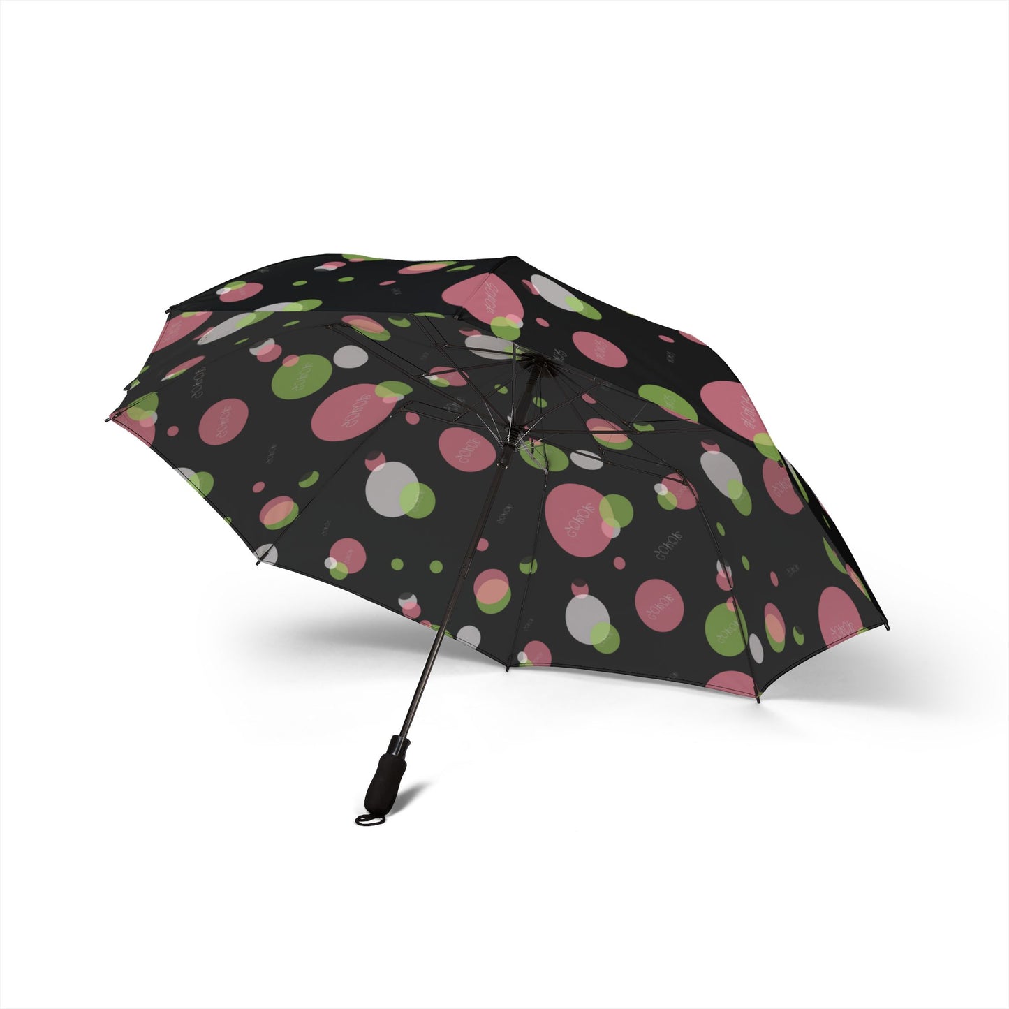 Soror Umbrella, Black Pink Green White Dots, Soror Word, Foldable Compact Travel Rain Gear, Windproof Auto Open Close, Lightweight Portable