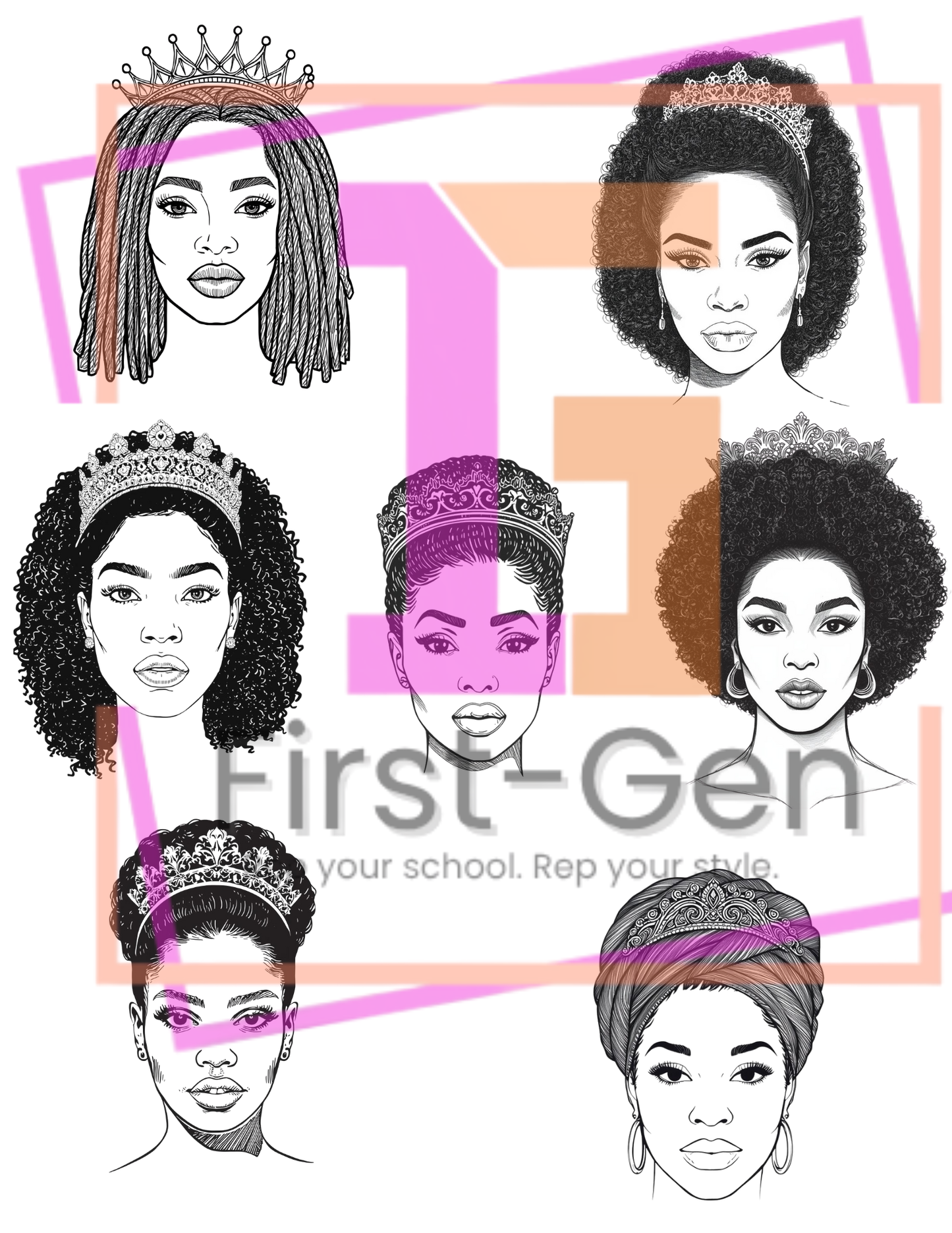 Regal Crowned Queen – Black Woman Pencil Sketch Vector Set (Digital Download)