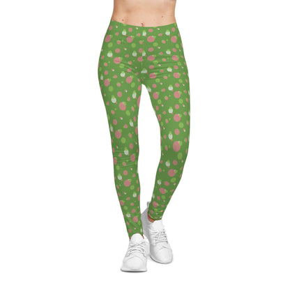 Green Background Polka Dot Leggings, Women's Leggings, Casual Pants, Pink and Green Leggings, Bold Patterned Tights