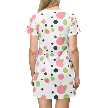 Polka Dot Blank Blk T-Shirt Dress, Pink Green Women's Clothing, Cute Summer Sundress, Casual Midi Dress, Polka Dot Fashion Apparel