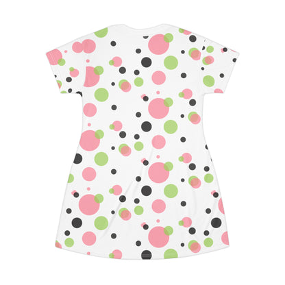 Polka Dot Blank Blk T-Shirt Dress, Pink Green Women's Clothing, Cute Summer Sundress, Casual Midi Dress, Polka Dot Fashion Apparel