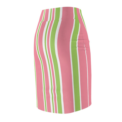 Striped Pencil Skirt: Pink and Green Women's Fashion Officewear Apparel
