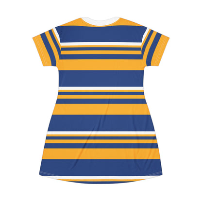 Blue & Gold Stylish Striped T-Shirt Dress for Casual Outings | Perfect for Summer, Sports Events, Parties, Gifts