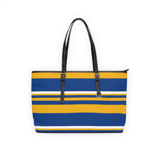 Blue Gold Striped PU Leather Shoulder Bag: Chic Everyday Tote