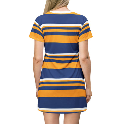 Blue & Gold Stylish Striped T-Shirt Dress for Casual Outings | Perfect for Summer, Sports Events, Parties, Gifts