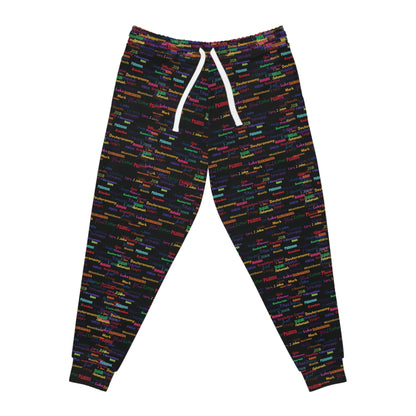 Colorful Patterned Black Athletic Joggers, Trendy Activewear, Comfortable Lounge Pants, Sporty Casual Wear, Unique Jogging Pants