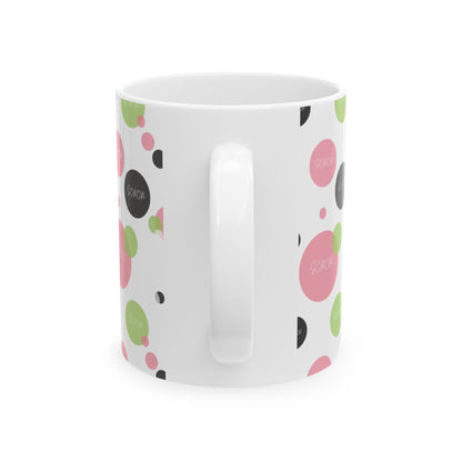 Soror Mug, Cheerful Pink Green Black Dots, Word Soror, Kitchenware, Drinkware, Coffee Cup, Tea Mug, Home Decor