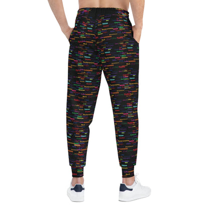 Colorful Patterned Black Athletic Joggers, Trendy Activewear, Comfortable Lounge Pants, Sporty Casual Wear, Unique Jogging Pants