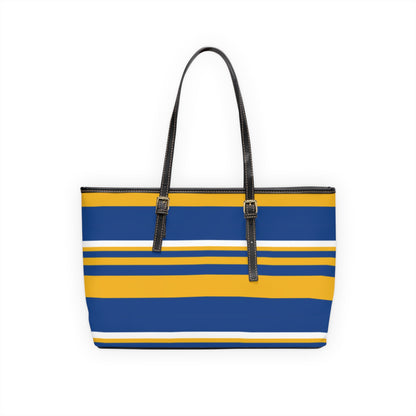 Blue Gold Striped PU Leather Shoulder Bag: Chic Everyday Tote